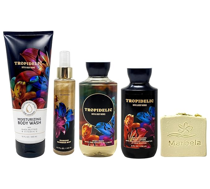 Bath & Body Works Tropidelic 4 Piece Gift Set - Moistutizing Body Wash, Classic Body Wash, Shimmer Mist and Body Lotion with Wild Jasmine Bar Soap - Full Size