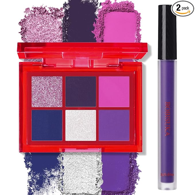 BOBISUKA Eyeshadow Makeup Palette + Matte Lipstick Kit, 6 Colors Purple Blue Pink Shimmer Matte Eye Shadow Pallet with Purple Liquid Lipgloss Set for Halloween, Costume, Cosplay, Witch, Ursula Makeup