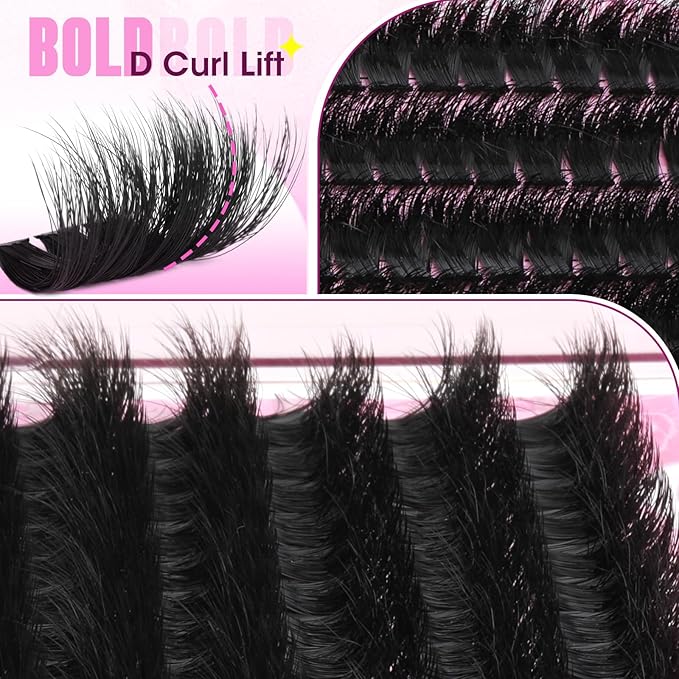 Mega Volume Lash Clusters 14-24mm Fluffy Wispy Cluster Eyelash Extensions D Curl Individual Lashes Dramatic Thick Cluster Lashes DIY Lash Extensions for Baddie Makeup by Yawamica