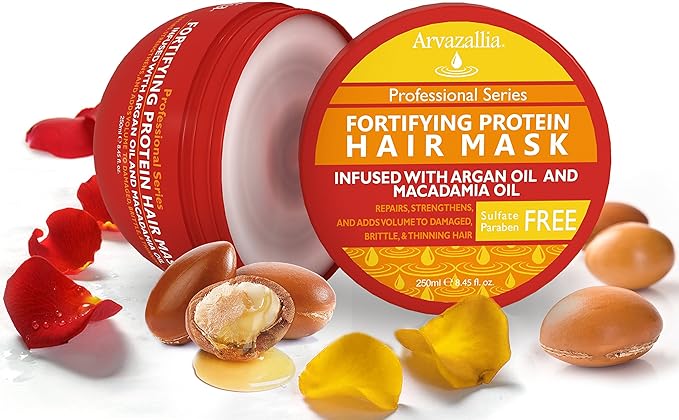Arvazallia Fortifying Protein Hair Mask and Deep Conditioner with Argan Oil and Macadamia Oil Hair Repair Treatment for Damaged, Brittle, or Thinning Hair - Promotes Natural Hair Growth (Pack of 2)