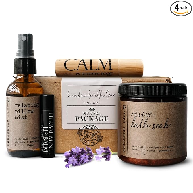 SOULISTIC ROOT Self-Care Set - Luxury Spa Bath Kit, Pillow Mist, Cooling Lip Balm, Tranquil Essential Oil Roller & Epsom Salt Bath Soak Pampering Package, Holistic Gifts for Him & Her