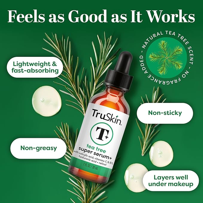 TruSkin Tea Tree Oil Acne Treatment Serum for Face - Salicylic Acid, Niacinamide, Vitamin C & Retinol - Clarifying Super Facial Serum for Acne-Prone Skin & Pores, 1 Fl Oz