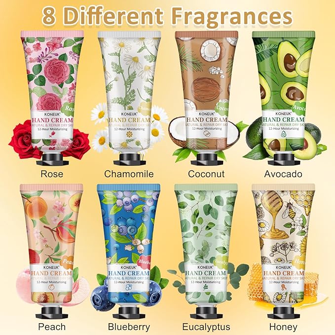 KONEUK 8 Pack Hand Cream Gifts Set for Women, Mini Hand Lotion Travel Size for Dry Cracked Hands, Bulk Hand Cream for Mothers Day Gifts, Bridal Shower Favors, Birthday Gifts, Teacher Gifts