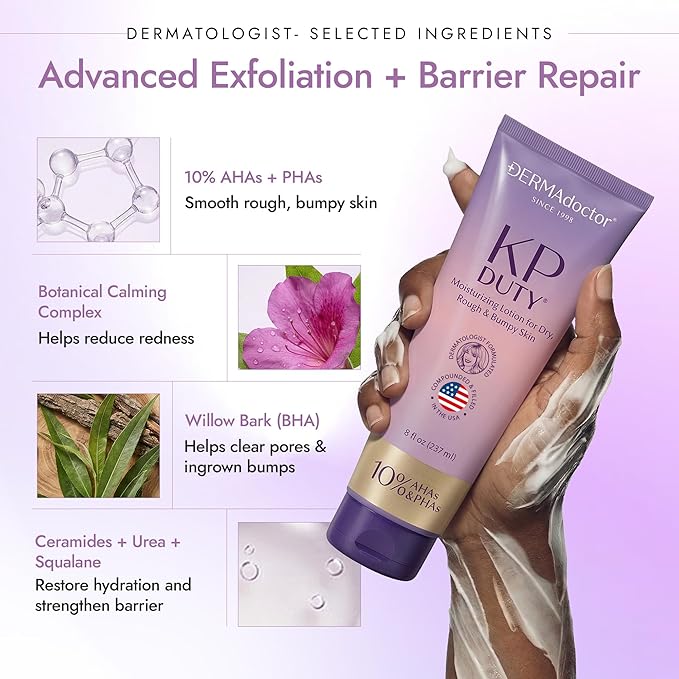 DERMAdoctor KP Bump Eraser Keratosis Pilaris Lotion – Gentle KP Cream for Arms and Full Body | Rough and Bumpy Skin Lotion for Keratosis Pilaris | Smooths, Hydrates & Softens | 10% AHAs + PHAs, 8 oz