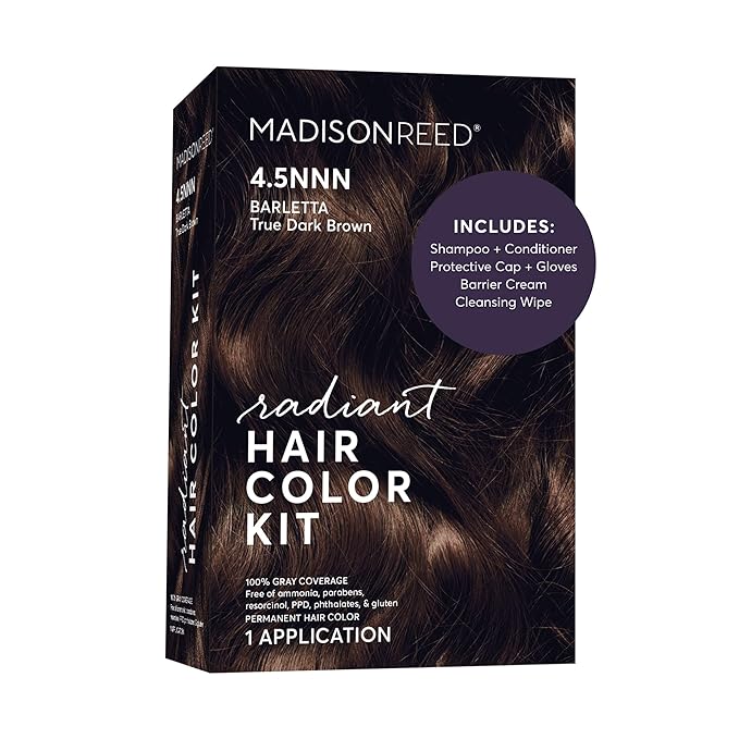 Madison Reed Radiant Hair Color Kit - 4.5NNN Darkest Brown with Warm Tones (Barletta Brown), 100% Gray Hair Coverage Permanent Hair Dye for Resistant Grays | PPD-Free & Ammonia-Free, 1 Pack