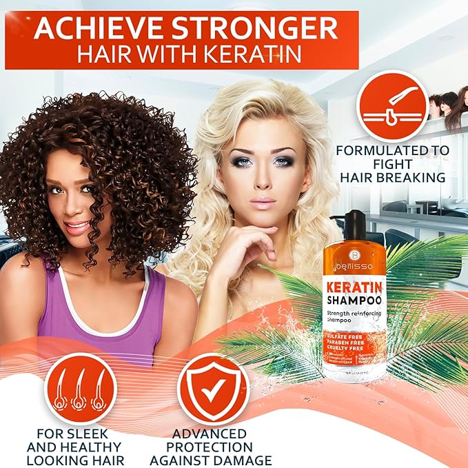 Keratin Enriched Shampoo - Sulfate and Paraben Free - Anti Frizz Treatment for Women and Men – Professional Salon Grade Repair Formula with Silk Protein for Dry, Frizzy Damaged and Color Treated Hair