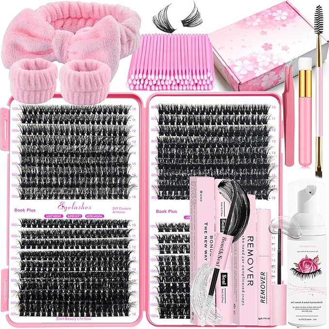 DNSGOOR DIY Lash Extension Kit 684Pcs D Curl 10-18mm Lashes Clusters with Lash Shampoo Lash Bond and Seal Glue Remover Cleansing Brush Headband Wristband Tweezers Eyelash Brush Applicator