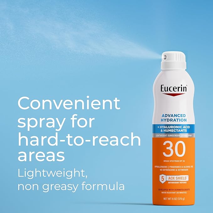 Eucerin Advanced Hydration SPF 30 Sunscreen Spray, Lightweight Spray Sunscreen with Hyaluronic Acid and Humectants, Hypoallergenic, Fragrance and Alcohol Free, 6 Oz Bottle