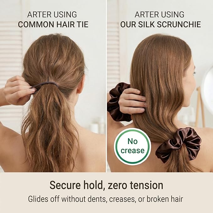 ZLYC 100% Mulberry Silk Hair Tie Scrunchie 19 Momme Gentle Creaseless Dent-Free Ponytail Holder for Women, 6cm Solid Coffee