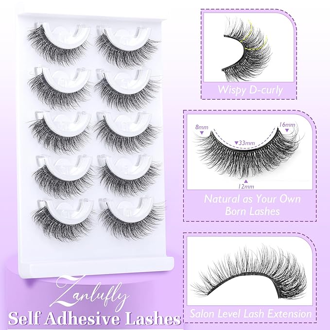 Self Adhesive Eyelashes Natural Pre-glued Lashes No Glue Needed Lashes Cat Eye Lashes Faux Mink Eyelashes Reusable Self Adhesive Lashes 5 Pairs by zanlufly