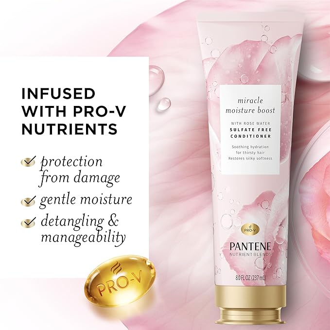 Pantene Nutrient Blends Miracle Moisture Boost Rose Water Conditioner for Dry Hair, Sulfate Free, 8 Fl Oz