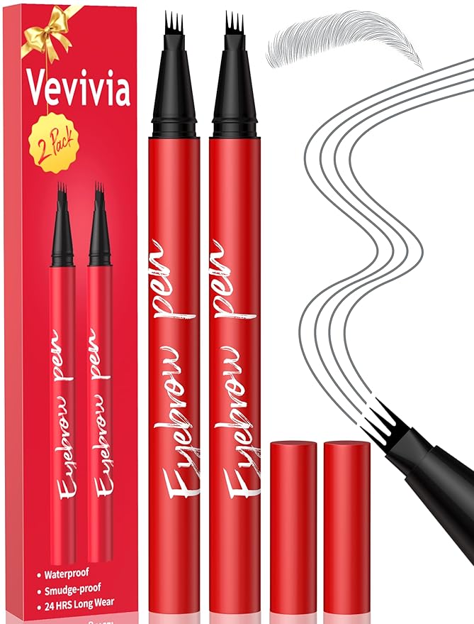 Vevivia Beauty Eyebrow Pencils for Women - Eyebrow Pen 2 Pack, Precise 4-Tip Brow Pencil for Natural-Looking Fuller Brows, Hair-Like Strokes for All Brow Types, Last All-Day Brow Pen, Grey