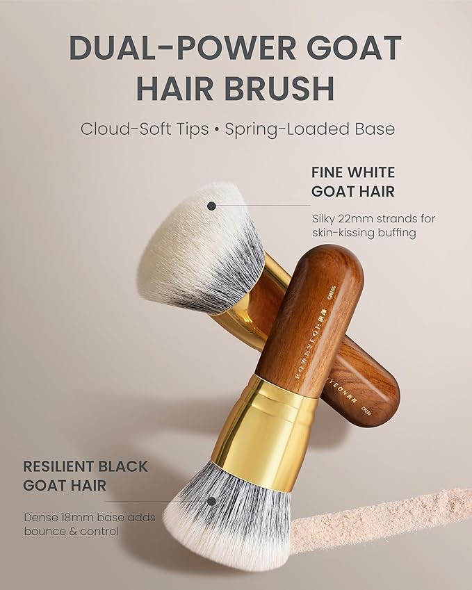 Desert Oak Series Dual Wool Powder Buffer Brush - 40mm Round Top for Airbrush Finish, White & Black Goat Hair Blend, Bubinga Handle & Brass Ferrule (CM 186)