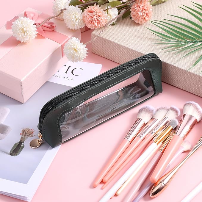 Psyqtsuary Small Clear Makeup Bag, PU Leather Travel Makeup Brush Pouch Portable Transparent Waterproof Cosmetic Organizer Pouch with Zipper for Women Home Travel Office Cosmetic Storage (Dark Green)