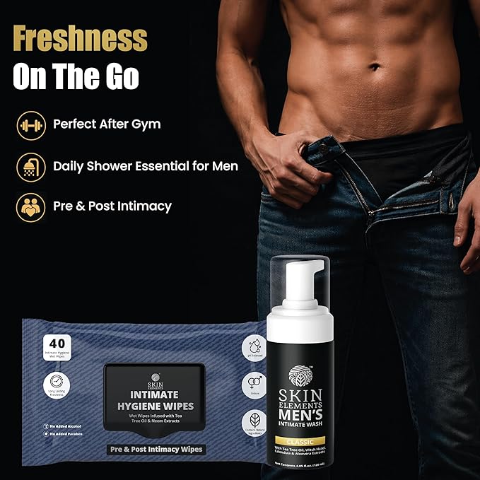 Skin Elements Intimate Hygiene Combo| Intimate Wash Men 120 ml+Intimate Wipes 30 Individual Sachets With Tea Tree & Neem Extracts - pH Balanced Foaming Wash Prevents Irritation & Bad Odor