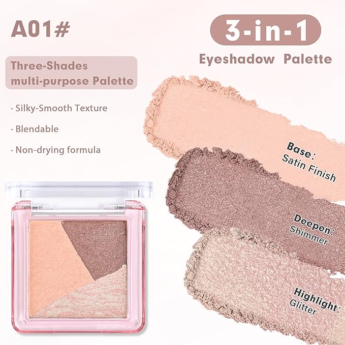 Eyeshadow Palette-Mini 3-in-1 Eye Shadow Powder Palettes Makeup-Matte&Shimmer Baked Eye Shadow for Women，paleta de sombras de ojos，Buildable Smooth Silky Waterproof for Daily Look，01Peach Brown