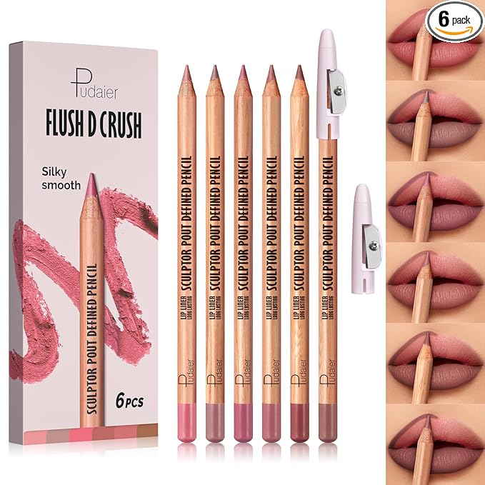 Pudaier 6Pcs Lip Liner Set, Rosy-Pink Matte Series Lip Liner with 2 Sharpeners, Smooth & Longer-Lasting LipLiner for Women, High Pigmented Waterproof Lip Liner Pencil for Defining & Filling Lips
