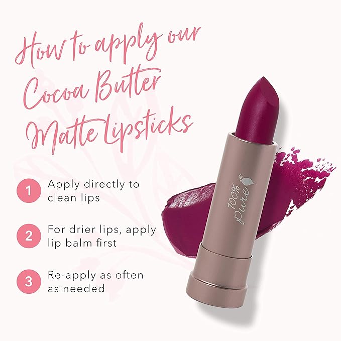 100% PURE Cocoa Butter Matte Lipstick Full Stay All Day Coverage, Lasting Moisturizing & Softening Natural Lip Color for All Skin Tones, Vegan Fruit Pigmented Hyacinthus (Deep Berry Purple) - 0.15 oz