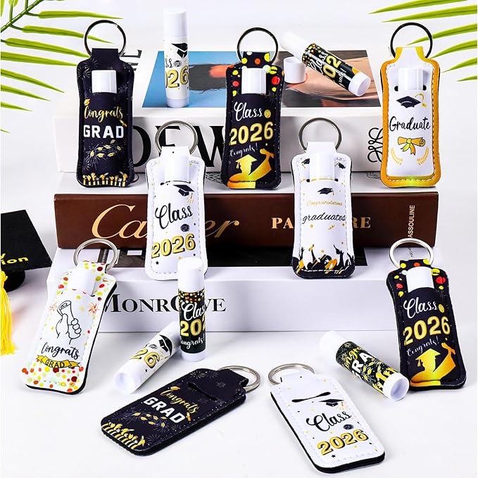 36 Pcs 2026 Graduation Gift Bulk Lip Balms Class of Graduation Party Favors Chapstick Holder Keychain and Lip Balms Set for Students Dry Chapped Lips Classmates Graduation Party