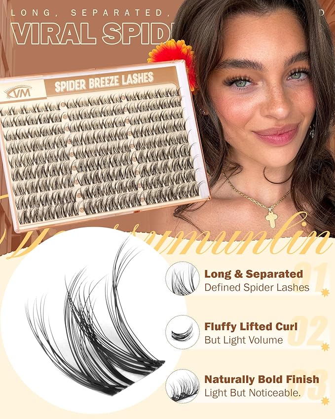 Spider Breeze Lash Clusters, Natural Wispy Eyelash Clusters D Curly Lashes Cluster Kim K Style 8-16mm Cluster Eyelash Extensions Reusable Individual Lashes with Invisible Band for DIY by Vanssymunlin