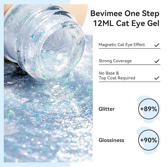 Cat Eye Gel Nail Polish 12ML, 3 In 1 Step Holographic Cateye Gel Polish With Magnet, Silver Glitter Magnetic Crystal Ice Shimmer Soak Off UV/LED Nail Art Design