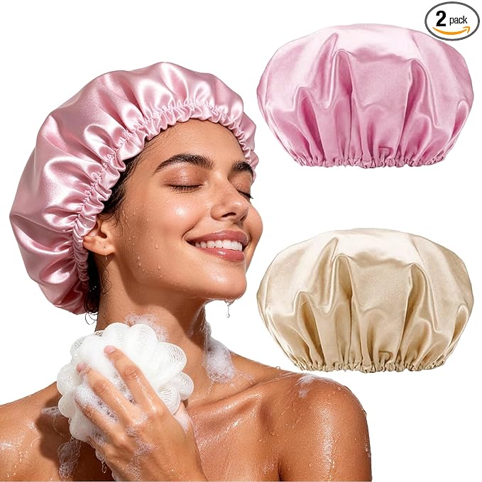 Smilco 2 Pack Shower Caps for Women, Reusable Waterproof Double Layer Bath Cap, Large EVA Elastic Hair Cover for Shower, Fits Long Hair & Braids, for Spa & Home