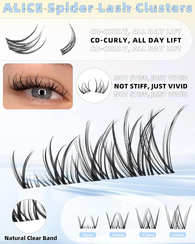 Spider Lash Clusters Kit Wispy Eyelash Clusters Kit Natural Cluster Eyelash Extension Kit CC-Curly 8mm-14mm Invisible Band Individual Lashes with White Bond and Seal DIY at Home