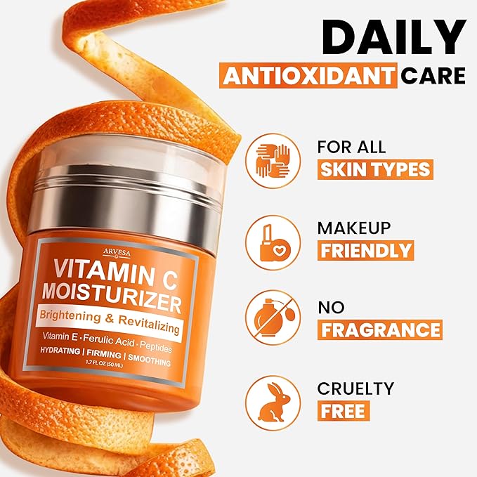 Vitamin C Moisturizer for Face - Vitamin C Cream for Face - Brightening & Anti Aging Cream for Women with Ferulic Acid & Peptides - Evens Skin Tone, Reduces Dark Spots & Fine Lines - All Skin Types
