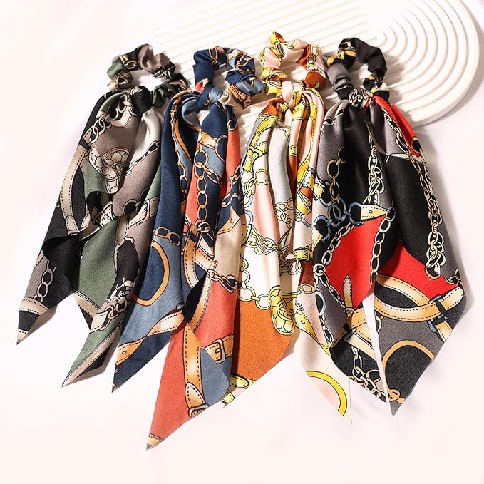 LFOUVRE 4pcs Chain Satin Hair Accessories - Ribbon Scrunchies with Long Tails, Knotted Hair Bands and Elastic Ties for Girls
