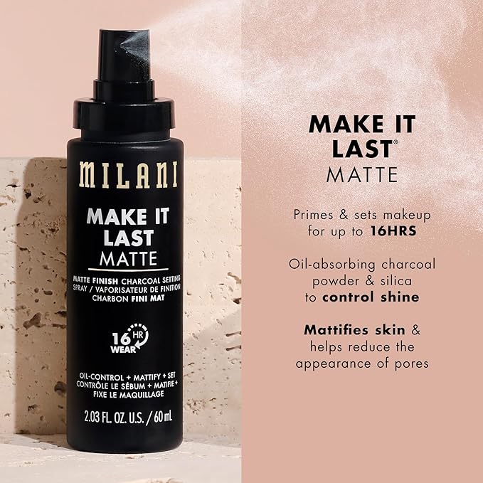 Milani Make It Dewy Setting Spray 3 in 1- Hydrate + Illuminate + Set & Make it Last Matte - Matte Finish Charcoal Setting Spray