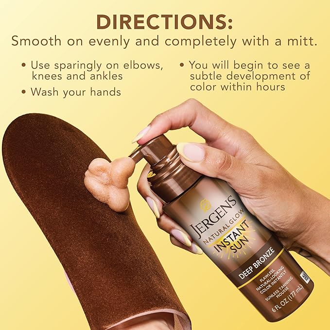 Jergens Natural Glow Instant Sun Body Mousse, Self Tanner for Deep Bronze Tan, Sunless Tanning Body Bronzer for Natural Looking Color Instantly, 6 Oz, Pack of 2