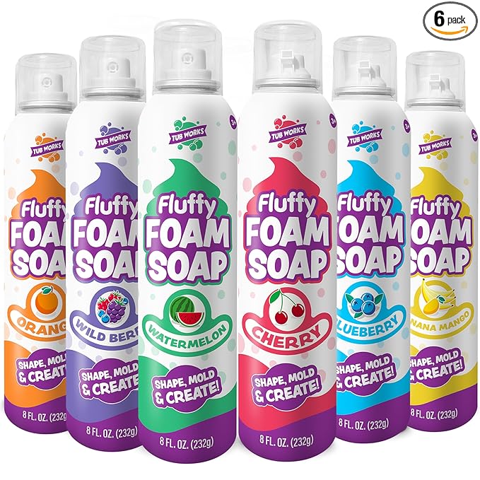 Tub Works® Fluffy Foam Soap, Variety 6 Pack | Shape, Mold & Create Bath Art with Soft Bath Foam for Kids | Gentle, Cleansing Kids Bath Soap | Easy-to-Use Spray Nozzles | Fruity, Fun Bath Colors