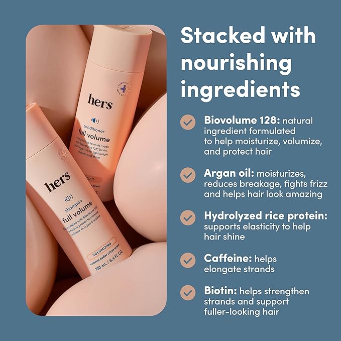 hers Full Volume Shampoo & Conditioner Set - Biovolume 128 & Biotin Formula - Volumizing, Shine-Boosting Hair Care - Paraben-Free - Coastal Cedar Citron Scent - 6.4 Fl Oz, 2 Count