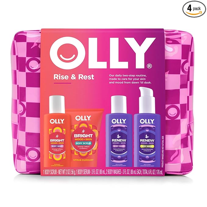 OLLY Rest & Rise Body Care Set – Day & Night Regimen – 2 Body Washes + Body Serum Lotion + Scrub – With Vitamin D, Retinol, Botanicals & Vitamin C– Nourishing, Hydrating – 4 count