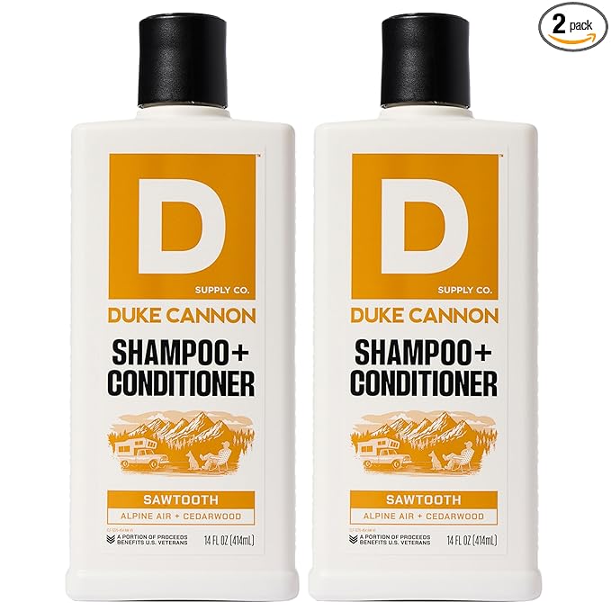 Duke Cannon Supply Co. 2-in-1 Hair Wash - Masculine Scent - Gentle Cleansing Hair Wash For Men - Stimulating Hair Shampoo & Conditioner - Strengthens Hair - Sawtooth - 2 Pack (14 oz)
