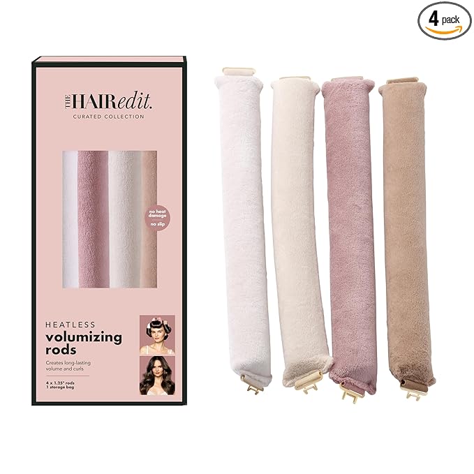 The Hair Edit Volumizing Hair Rods for Overnight Curls No Heat Hair Rollers for Long or Medium Length Hair, Soft Curlers for Women, Damage-Free Styling Tools for Volumizing Waves 4 Pack 10.5" Long