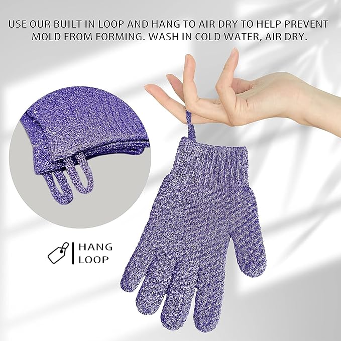 Evridwear Exfoliating Glove Shower Gloves Exfoliate Dead Skin for Dry Sensitive Skin No Irritation with Hanging Loop (Purple Deep Exfoliation)