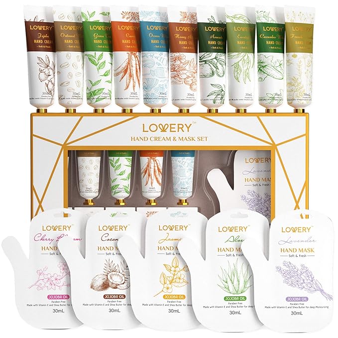 LOVERY Hand Cream and Hand Mask Gift Set - 10 Scented Moisturizing Hand Lotions & 5 Deep Conditioning Hand Masks Shea Butter, Vitamin E and Jojoba Oil - Gifts for Women, Men, Mom & Birthday
