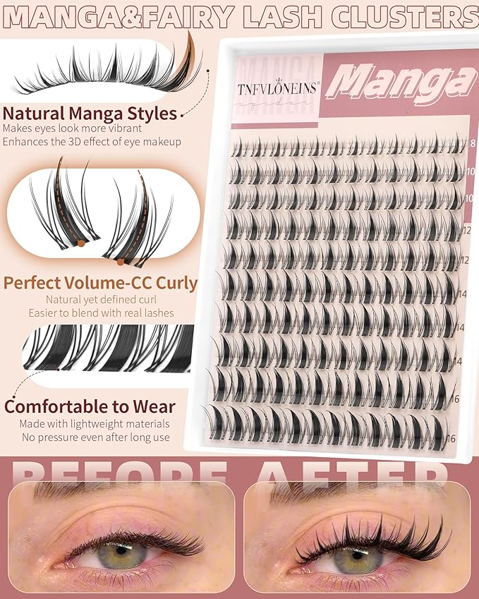 TNFVLONEINS Fairy Lash Clusters Manga Eyelash Clusters Natural Wispy Lash Extension C Curly Clear Band Cluster Eyelash Clusters with Spikes Anime Individual Lashes Clusters Pestañas Postizas Naturales
