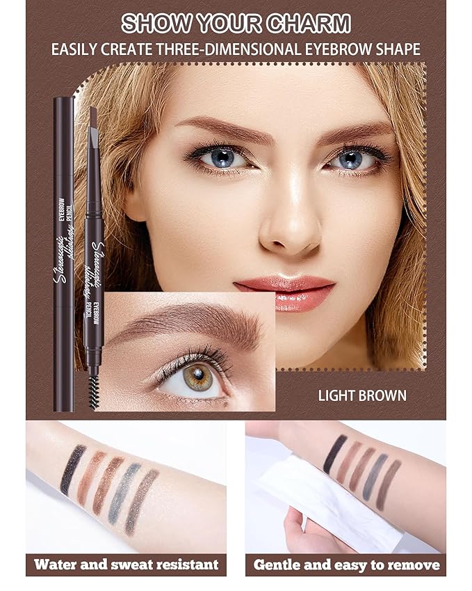 6 Pack Light Brown Eye Brow Pencil, Waterproof Eyebrow Pencils for Women- Dual-Ended with Spoolie Brush and Triangular Tip for Easy Defining, Natural Fill, Long-Lasting Brows, Sweatproof