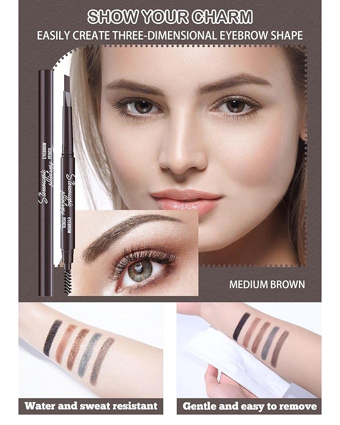 6 Pack Medium Brown Eyebrow Pencil, Waterproof Eye Brow Pencils for Women- Dual-Ended with Spoolie Brush and Triangular Tip for Easy Defining, Natural Fill, Long-Lasting Brows, Sweatproof