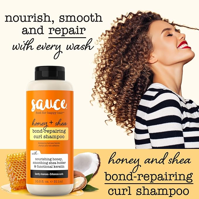 SAUCE Honey + Shea Bond Repair Curly Hair Shampoo,10.5 Fl Oz, Gently Cleanses & Controls Frizz, Helps Repair Damage & Reduce Breakage with Biotin & Functional Keratin, No Sulfates & Parabens