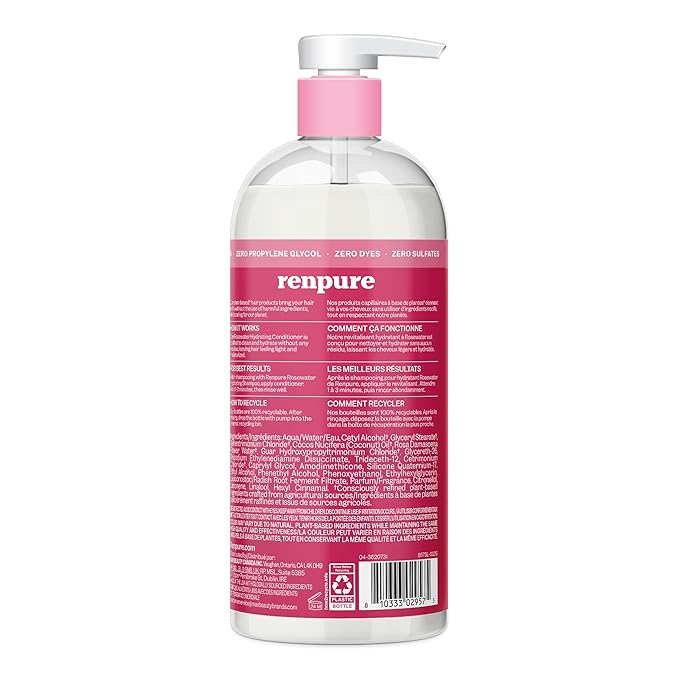 Renpure Rose Water Conditioner, 710ml, Plant Based Beauty, Soothes Scalp, Hydrates Hair, Nourishes, Free of Chemicals, For Women