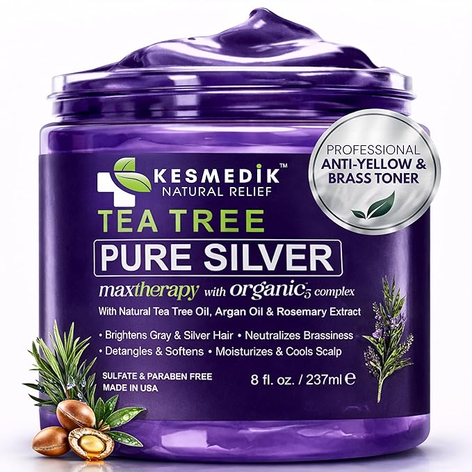 KESMEDIK Tea Tree Purple Hair Mask Toner with Argan Oil, Deep Conditioner for Dry Damaged Bleached, Blonde Silver White & Gray Hair Toner, Itchy Scalp Relief, Removes Brassy & Yellow Tones