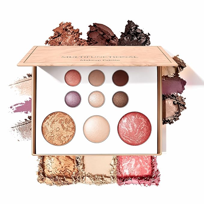 9 Colors Baked Makeup Palette, All in One Eyeshadow, Blush, Highlighter and Bronzer, Neutral Warm Tones, Natural Finish, Travel-Friendly Compact (White)