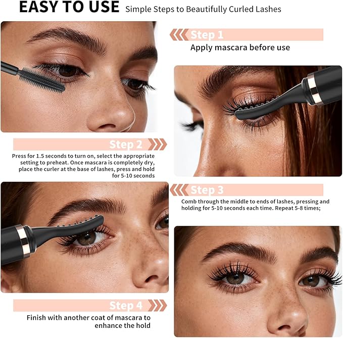 KiiNii Heated Eyelash Curler, Electric Eyelash Curler with 4 Temperature Modes, LED Display, 5S Fast Heating, Type-C Rechargeable, 24H Long-Lasting Curls | Black, L