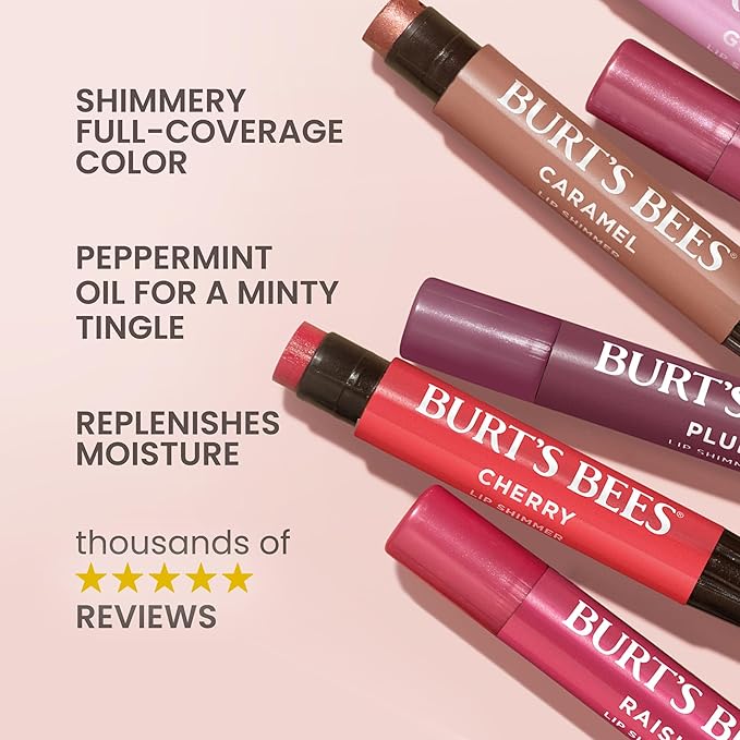 Burt's Bees Shimmer Lip Tint Set, Mothers Day Gifts, Tinted Lip Balm Stick, Moisturizing for All Day Hydration with Natural Origin Glowy Pigmented Finish & Buildable Color, Plum (4-Pack)