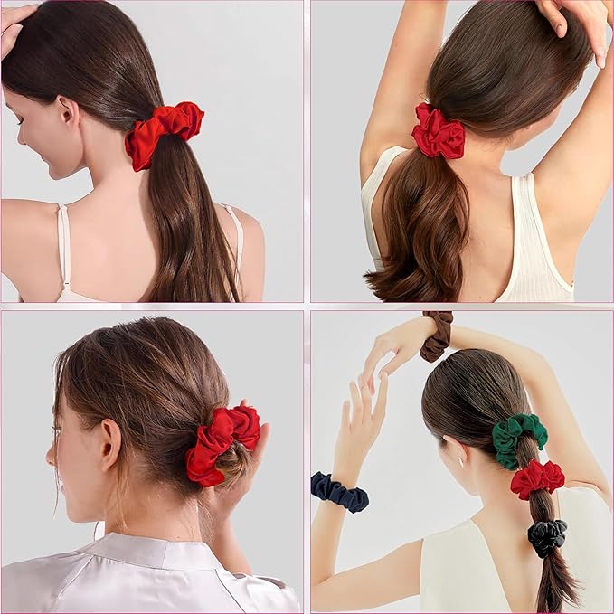 SALE! Pure Mulberry Silk Scrunchies (16 Momme) - Hair Ties for Women With Curly or Thick Tresses, Black Satin Sleep Edition (3 Packs of 15, Red)