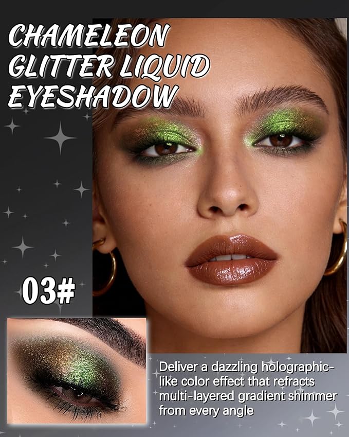 Glitter Liquid Eyeshadow, Chameleon Metallic Long-Lasting Eye Shadow, Holographic Multichrome Shimmer Eyeshadow, Colorful High Pigment Liquid Eye Shadow,Glow in the Dark Party Makeup Gift for Women-03