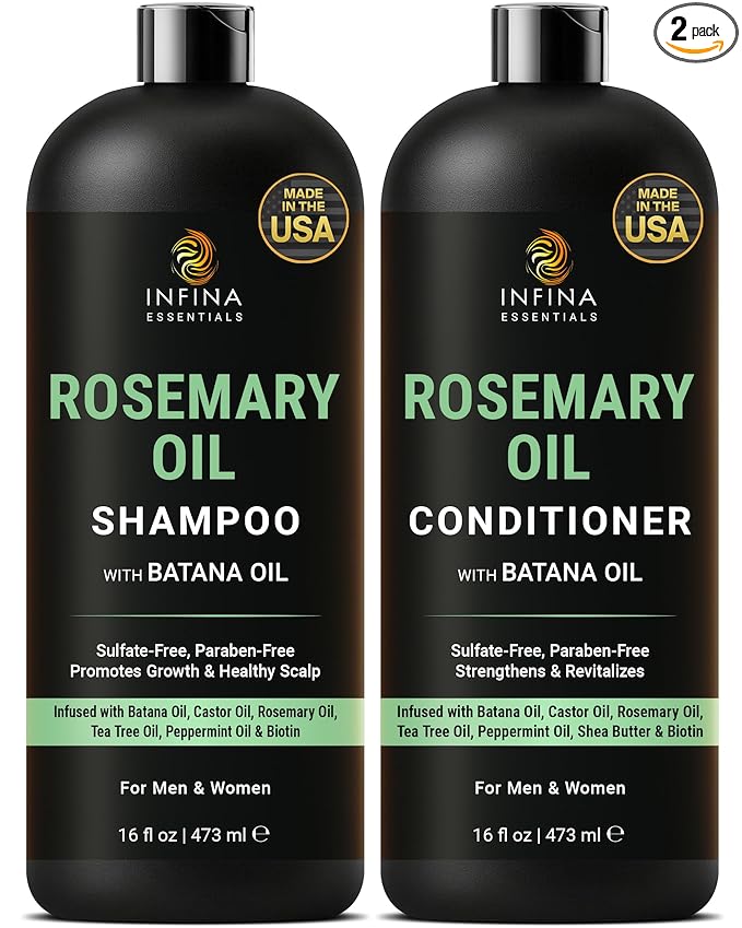 INFINA ESSENTIALS Rosemary Oil Shampoo and Conditioner Set | 16 fl oz Each | with Batana Oil & Biotin | Sulfate-Free Thickening Formula for Thinning Hair | For Men & Women | Made in USA